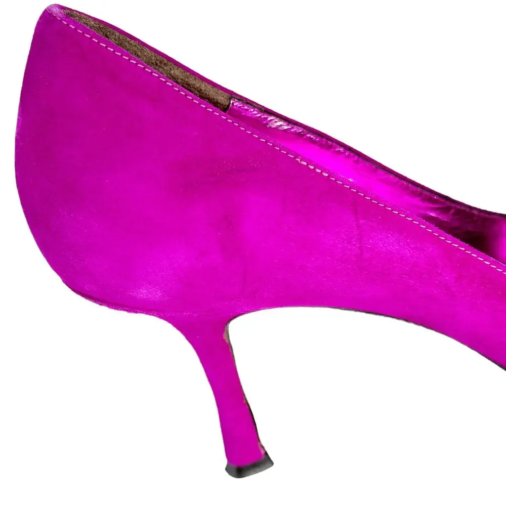 Vintage Y2K Isaac Mizrahi Suede Heels Pointed Toe Ribbon Trim Purple Black 9.5